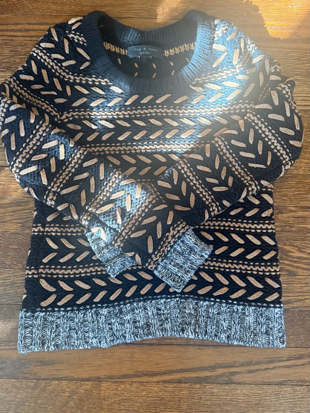 rag & bone Navy Crewneck Sweater with Tan Pattern